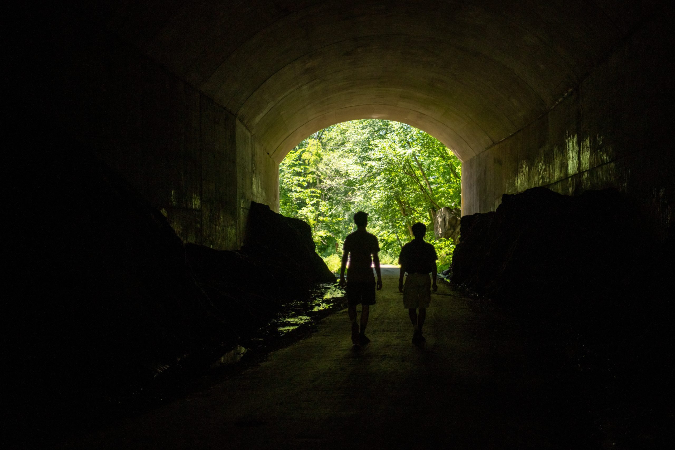 UConn students Robert Avena (left) and Sumeet Kadian (right) walk through the dark Hop River Trail tunnel in Bolton Notch State Park that runs under Interstate 384 in Bolton, CT on June 25, 2022. The duo conducted a feasibility study during their first-year Service Learning class that recommended the installation of lighting through the tunnel, which the Connecticut Department of Transportation and Department Energy and Environmental Protection are working to implement. (Sydney Herdle/UConn Photo)